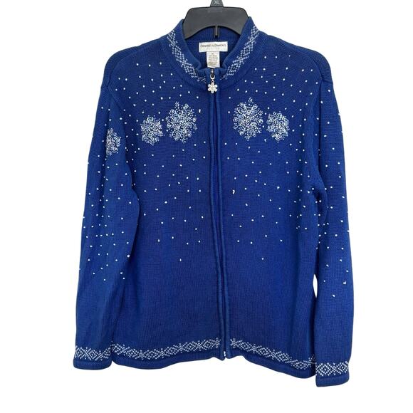 VTG Draper’s & Damon’s Blue Beaded Snowflake Full Zip Cardigan Size LP Winter - Picture 1 of 8